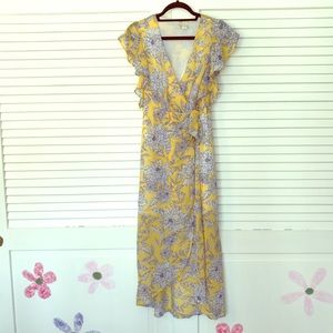 Yellow Faux Wrap Floral Maxi Dress